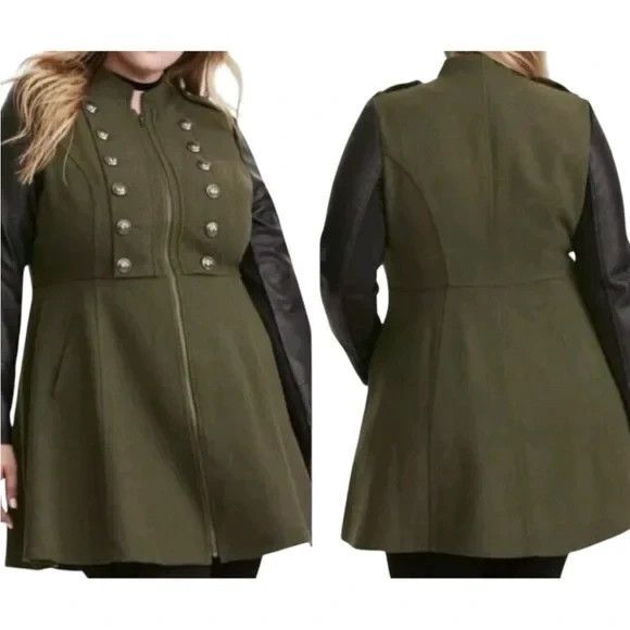 Torrid Coat Womens 1 Army Green Military Coat Button Front Zip Wool Blend Flare - Picture 1 of 9